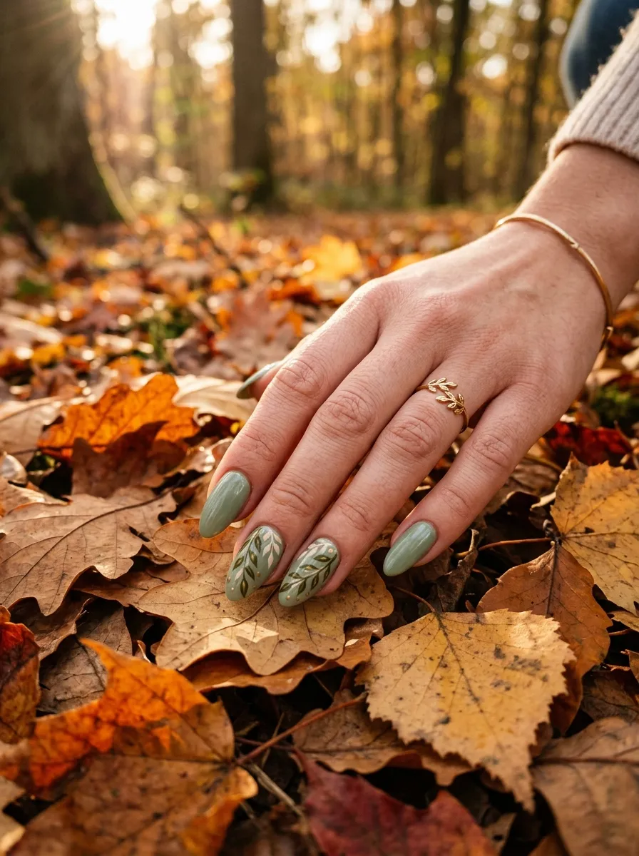 Sage Green with Earthy Nail Art