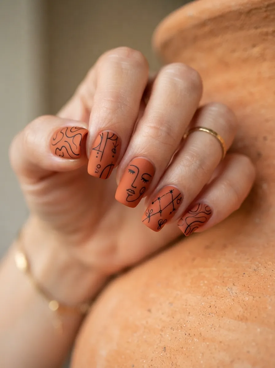 Burnt Orange with Black Line Art