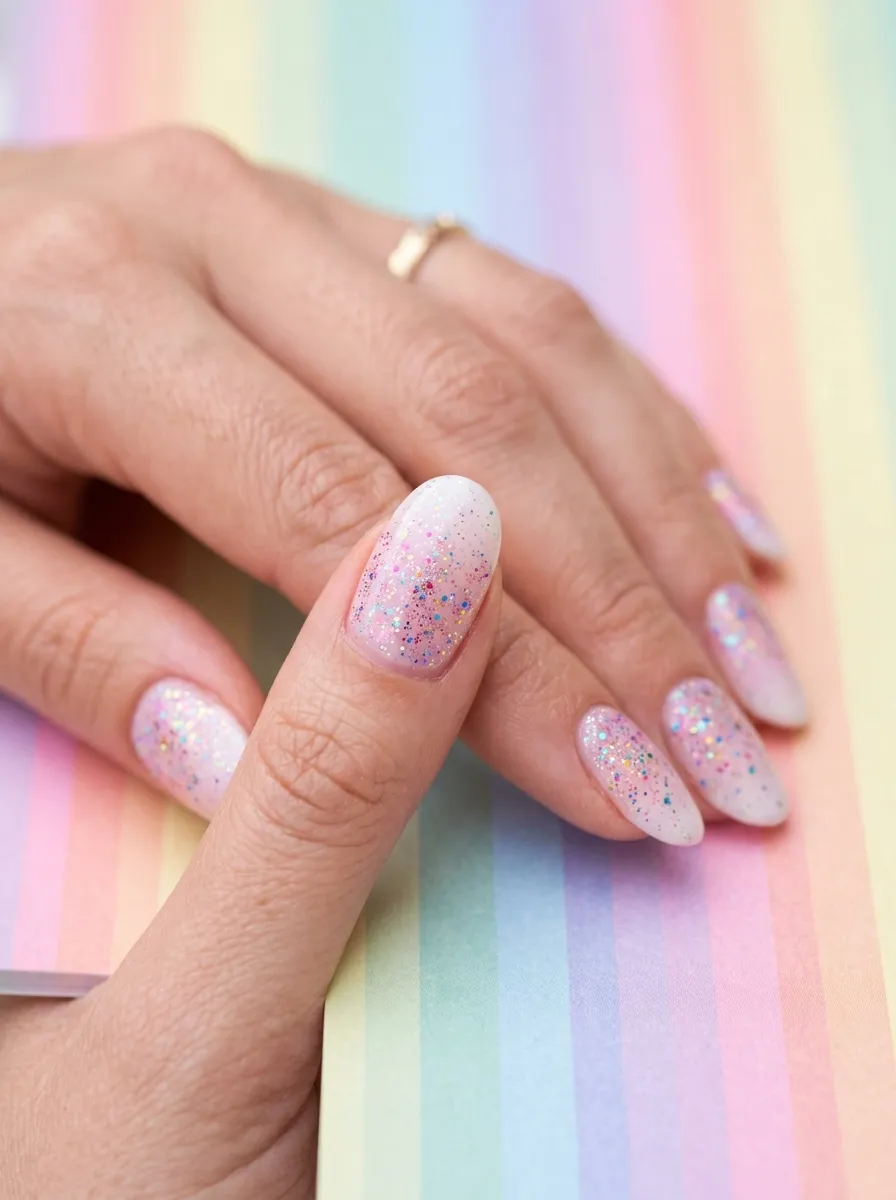 Pastel Pink and White Ombre with Rainbow Glitter