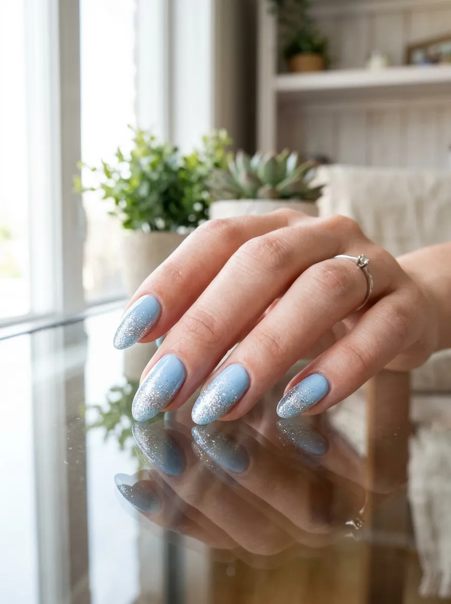 Light Blue with Silver Glitter Tips