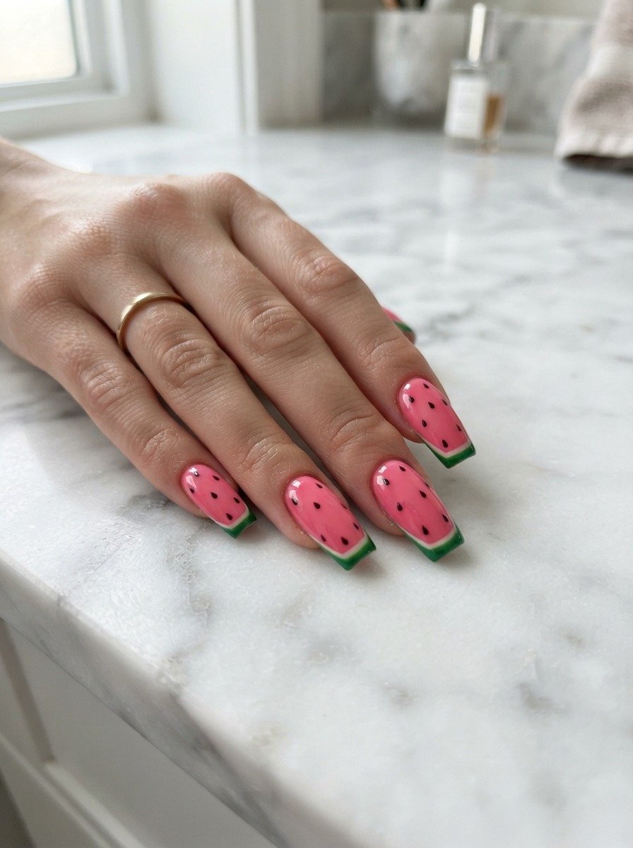 Watermelon Coffin Nails