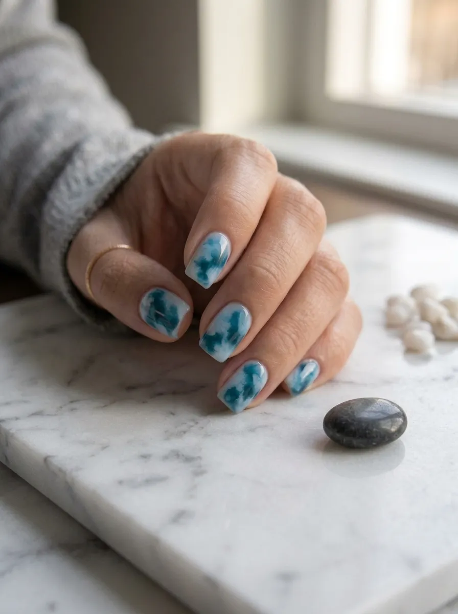 Blue Aura Marble Swirl Nails