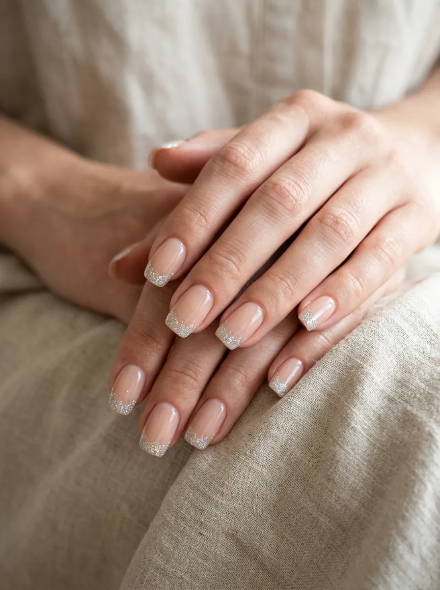 Sparkle Tips On Nude Nails