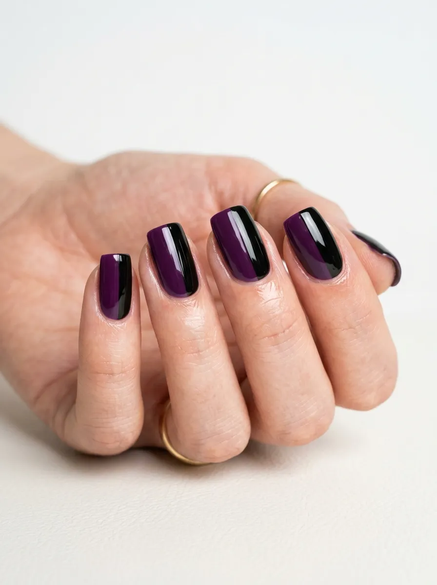 Purple and Black Vertical Split Nails