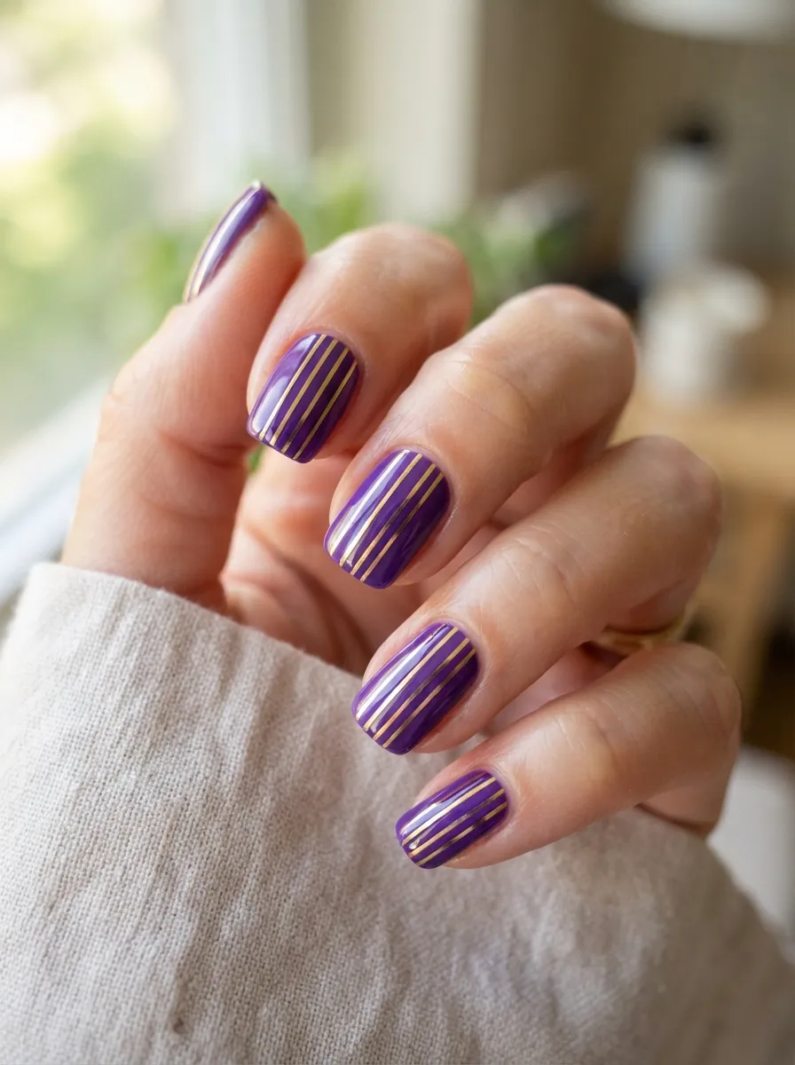 Gold Striping Tape on Purple Polish