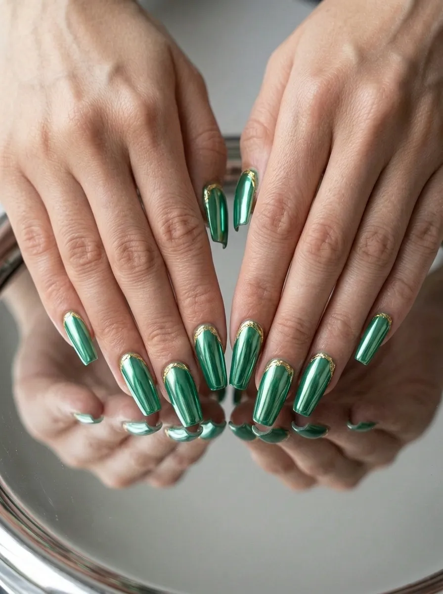 Jade Chrome Nails With Gold Accents