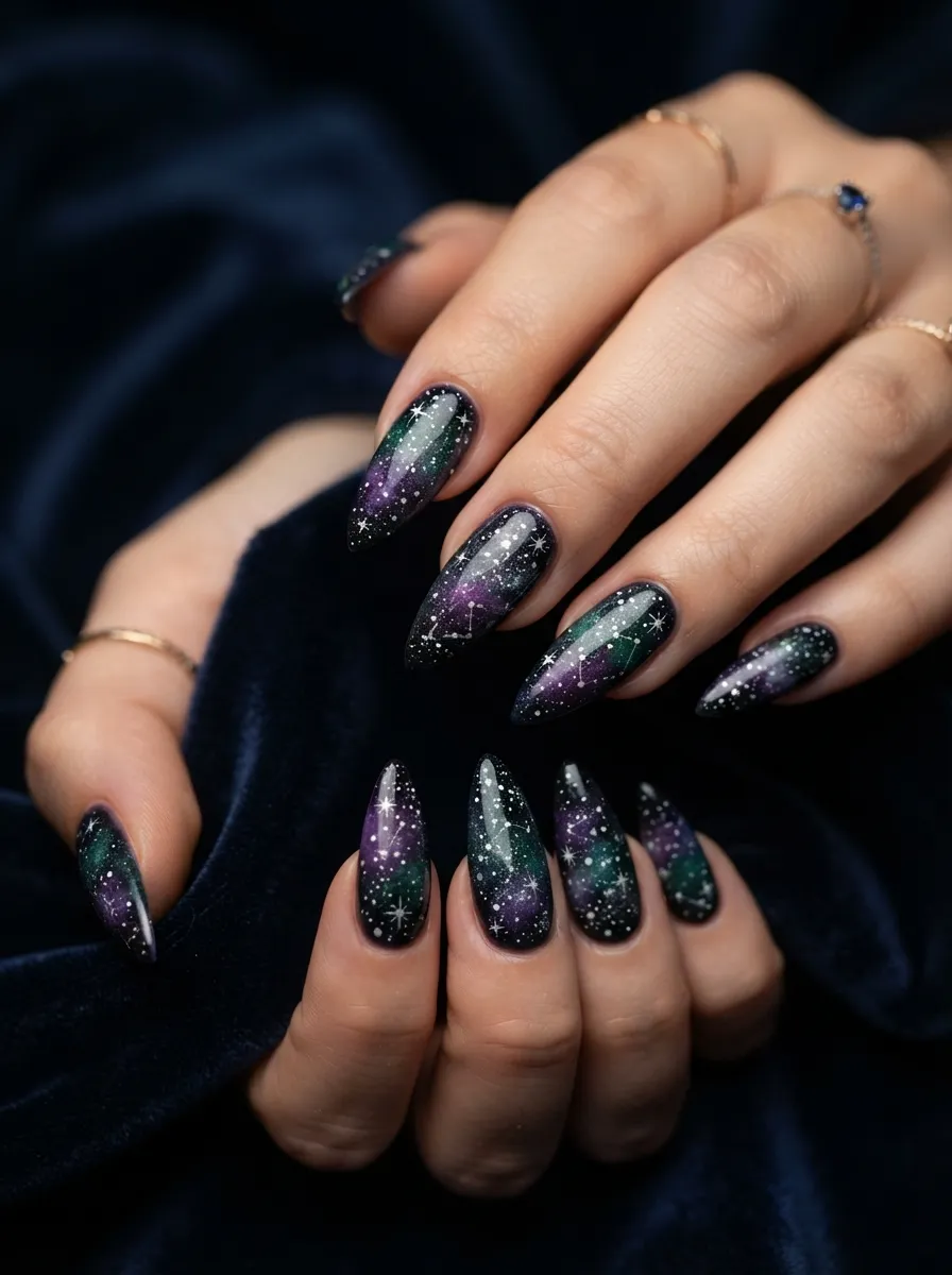 Violet and Green Galaxy Nails