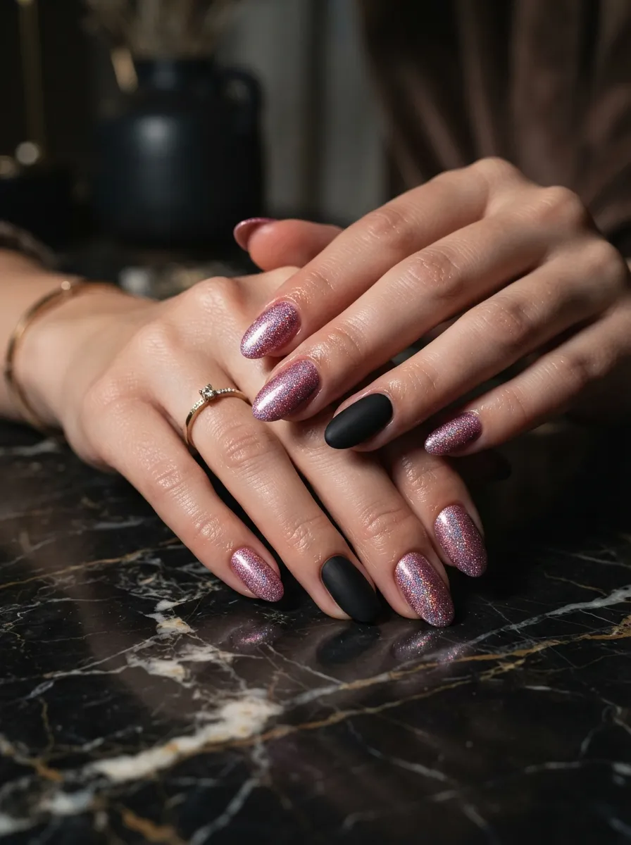 Pink Glitter Nails with Black Matte Accent