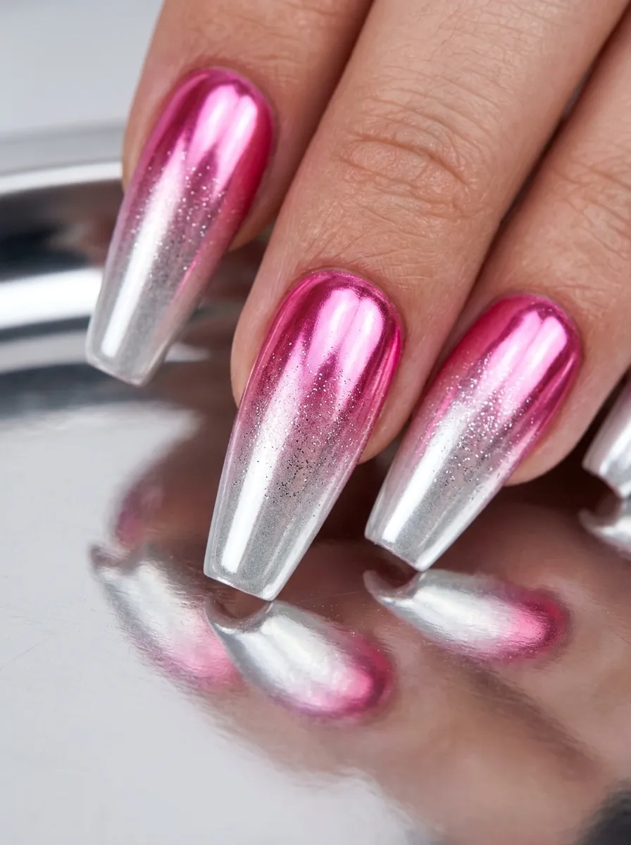 Chrome Pink to White Ombre with Glitter Overlay