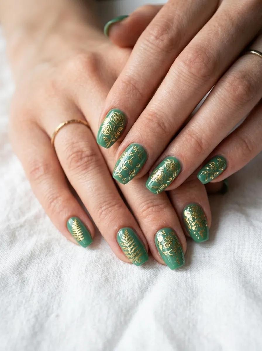 Stamped Floral Pattern in Gold on Jade
