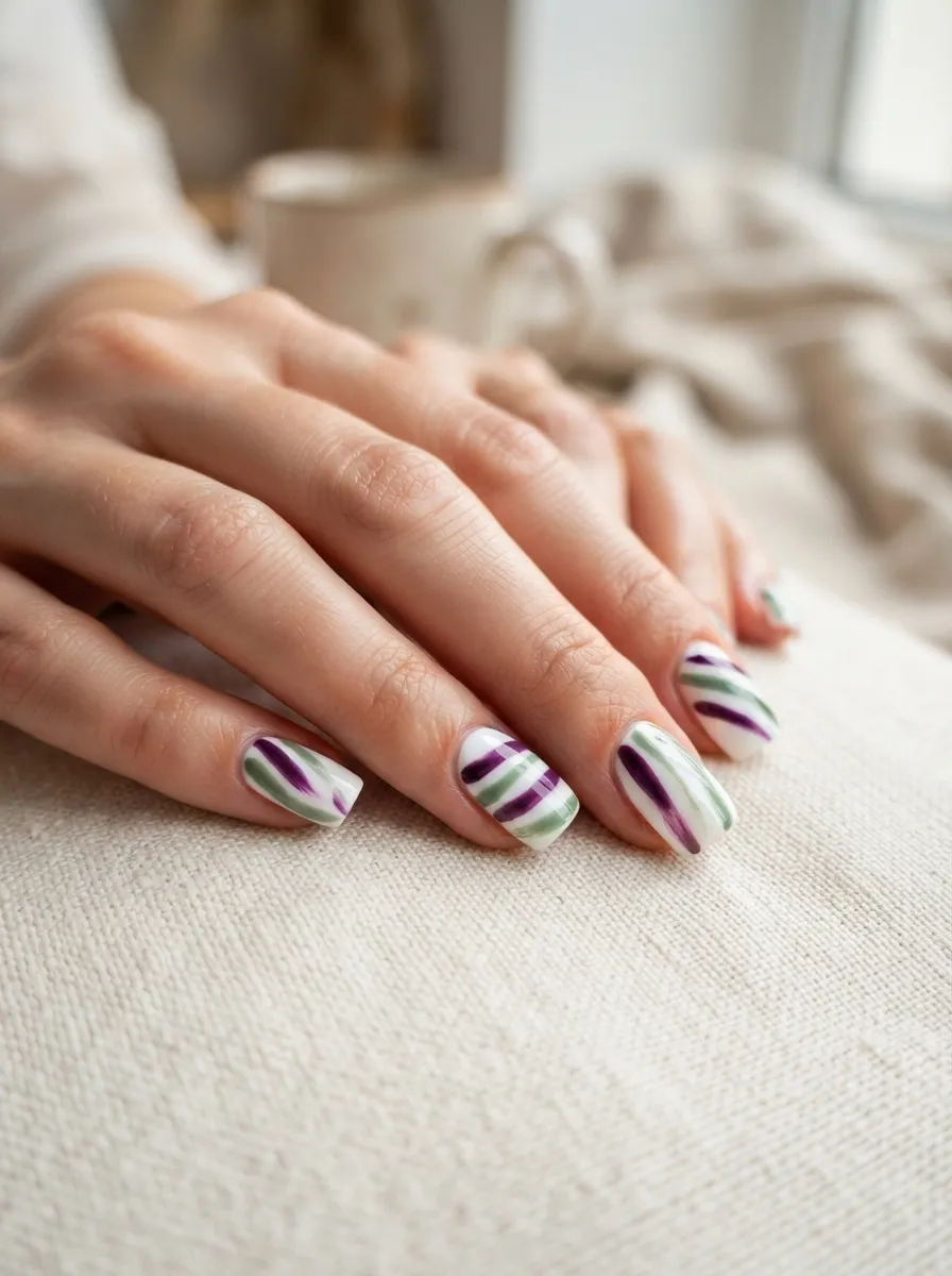 Striped Purple and Green Abstract Nails