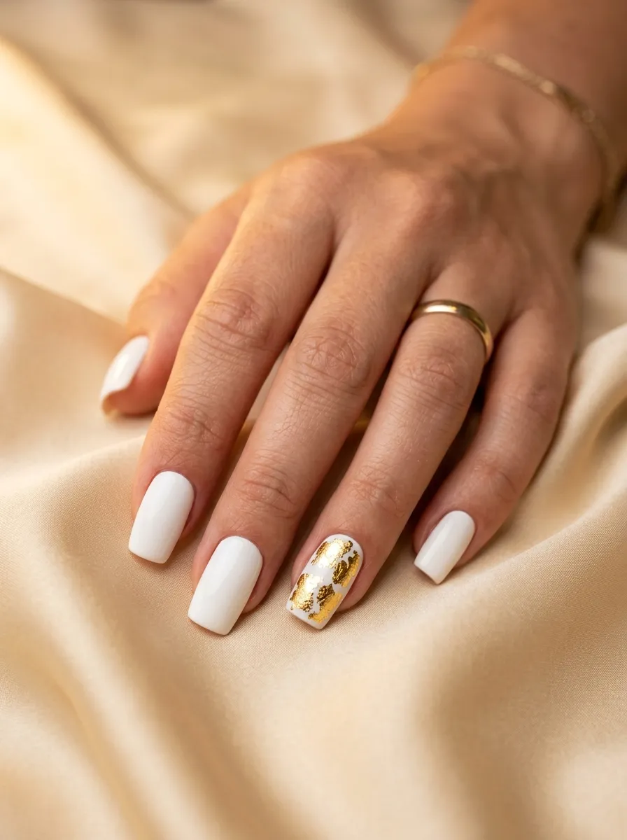 White Square Nails With Gold Foil