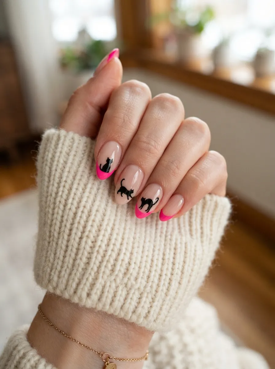 Fuchsia Nails with Black Serpent Design