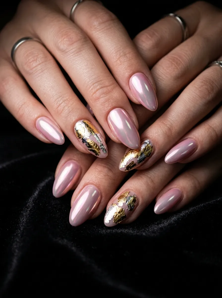 Pink Chrome Nails With Foil Accents