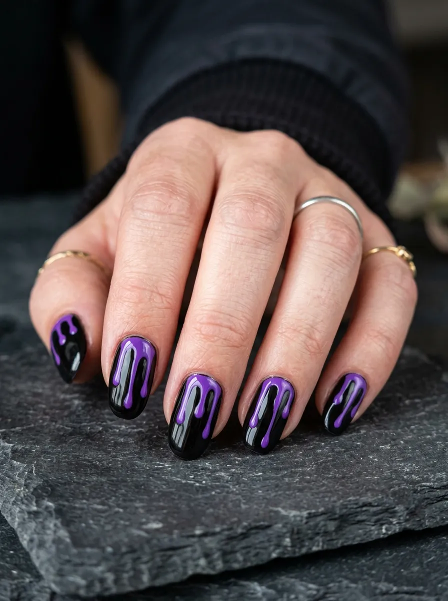 Black Nails With Purple Drip Effect
