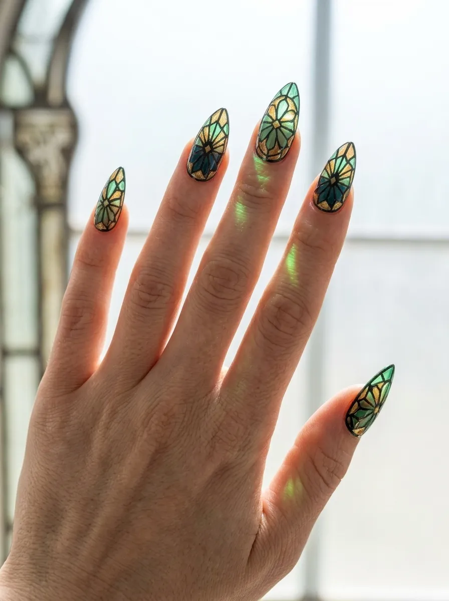 Jade and Gold Stained Glass Nails