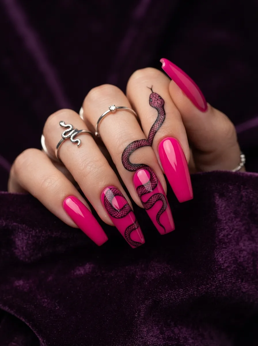 Fuchsia Nails with Black Serpent Design