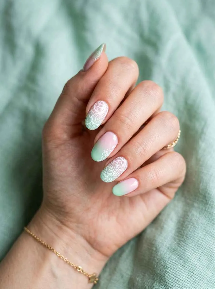 Pink to Mint Green Ombre with White Stamping