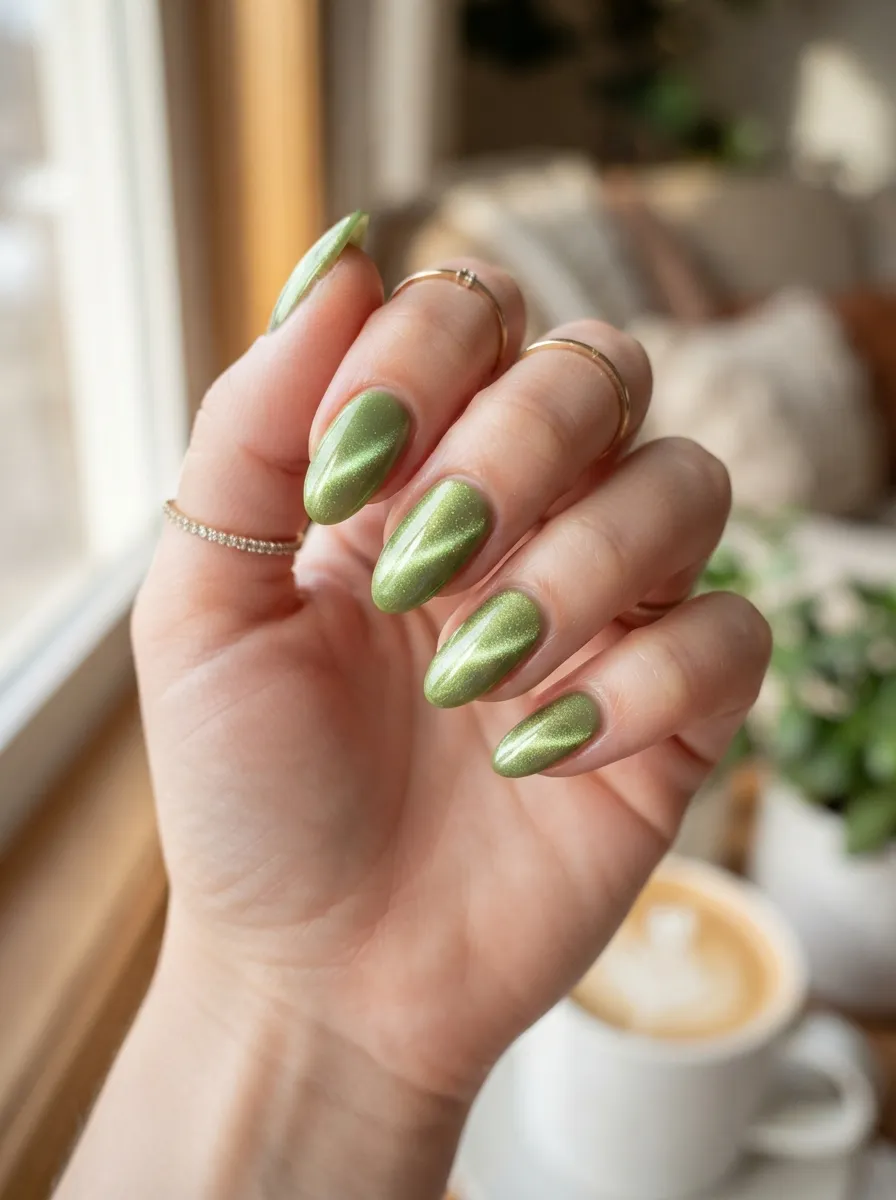 Matcha Green Cat Eye Nails