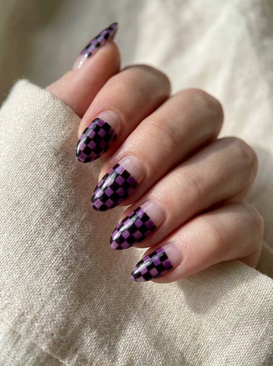 Purple and Black Checkerboard Nails