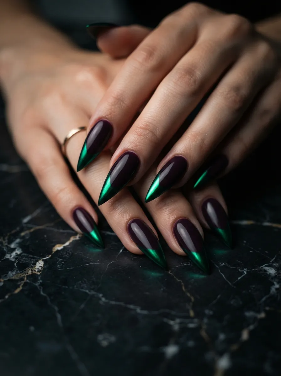 Stiletto Nails in Deep Plum with Emerald Tips