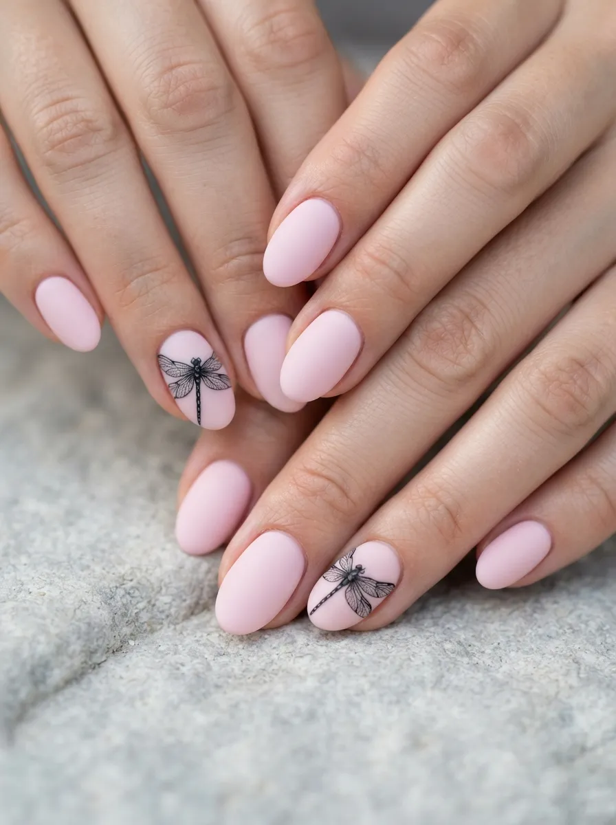 Pastel Pink Nails with Black Dragonfly Accent
