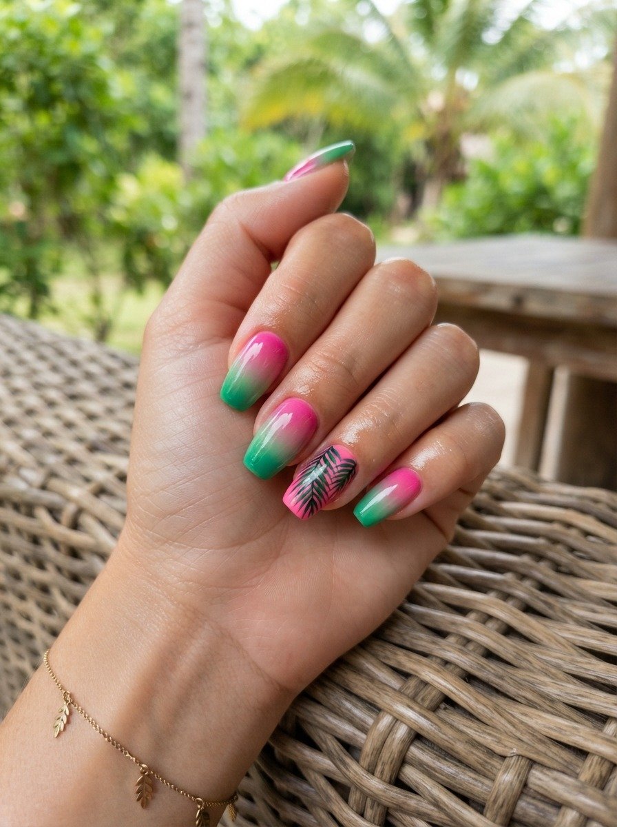 Bright Pink to Tropical Green With Palm Leaf Accent