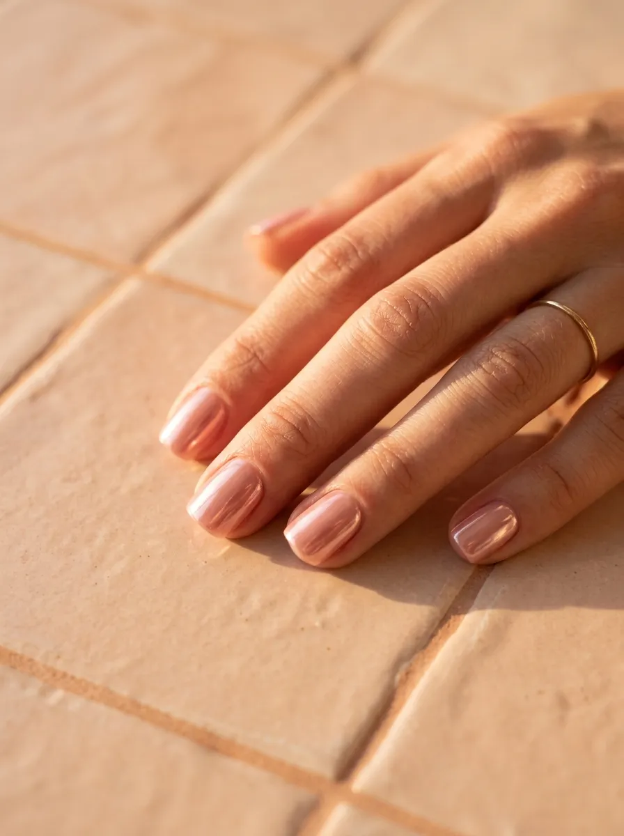 Blush Pink Chrome Square Nails