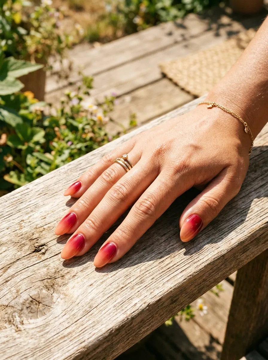 Cherry Red to Peach Ombre Nails