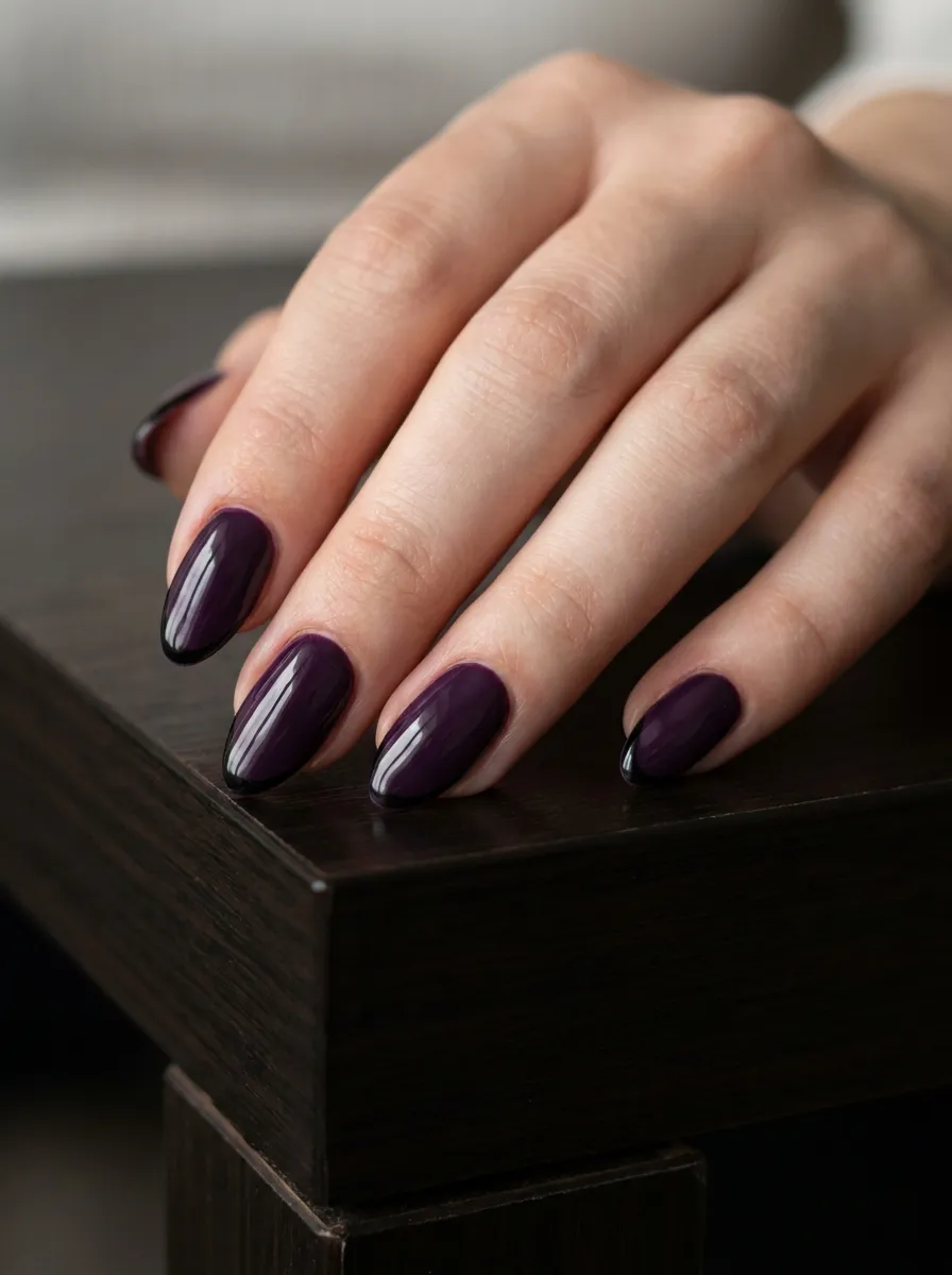 Deep Purple Almond Nails With Black Tip Line
