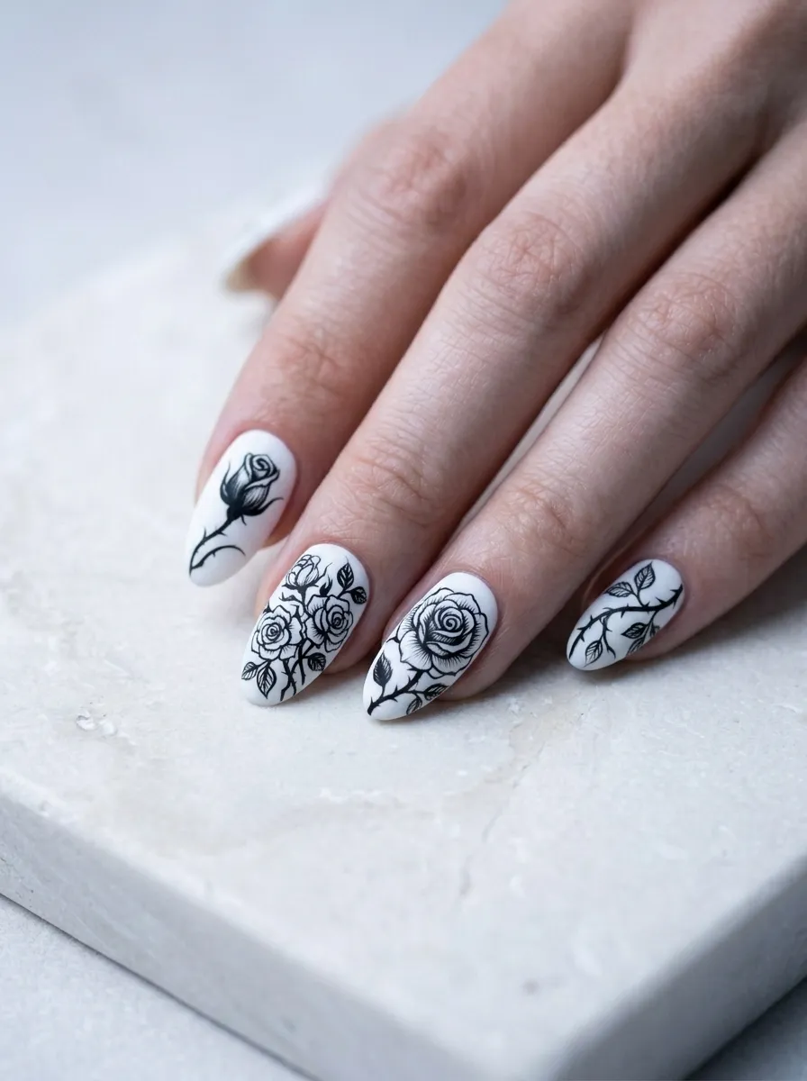 Monochrome Gothic Floral Nails