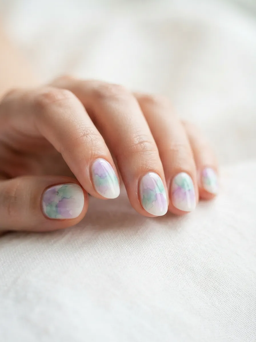 Soft Purple and Green Watercolor Nails