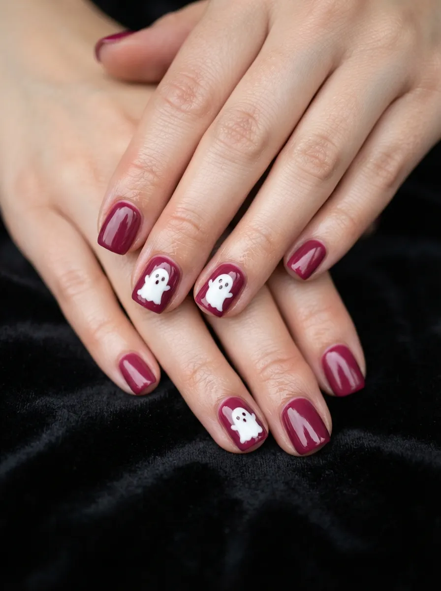 Dark Pink Nails with White Ghost Outlines