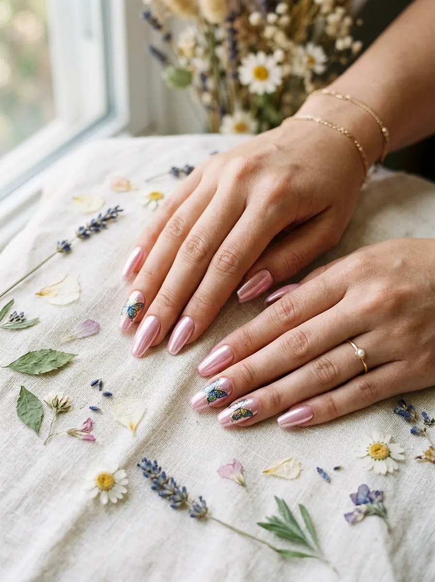 Pink Chrome With Butterfly Nail Stickers
