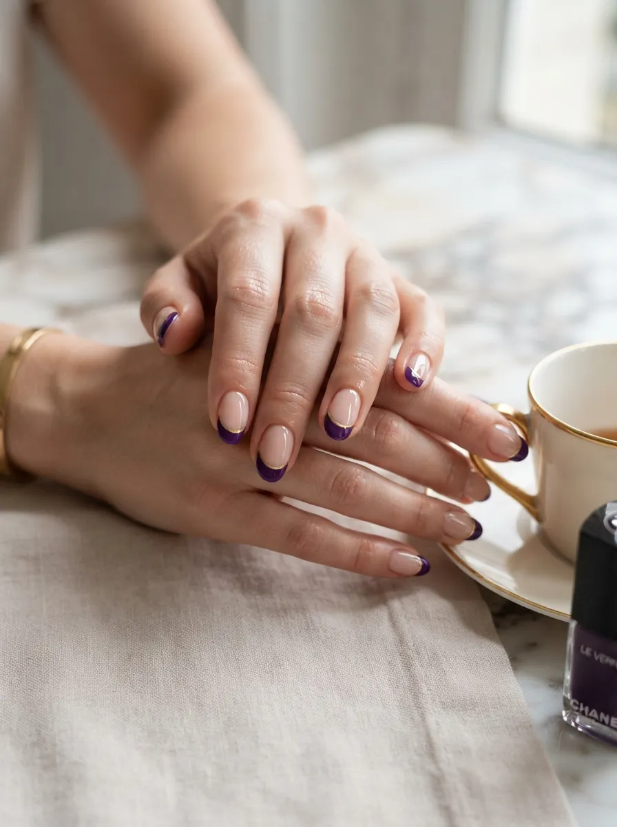 Purple French Tips With Gold Edge