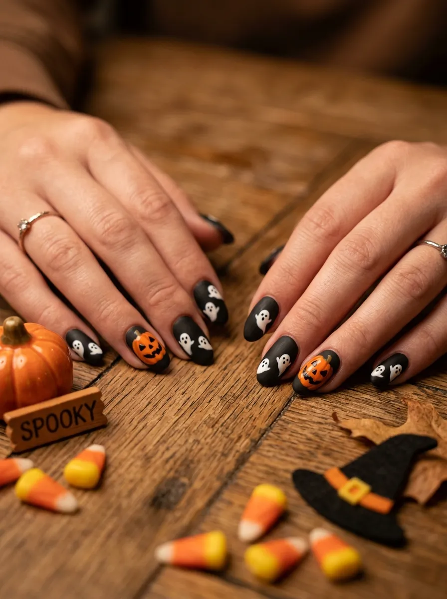 Ghost Nails with Jack-o-Lantern Accent