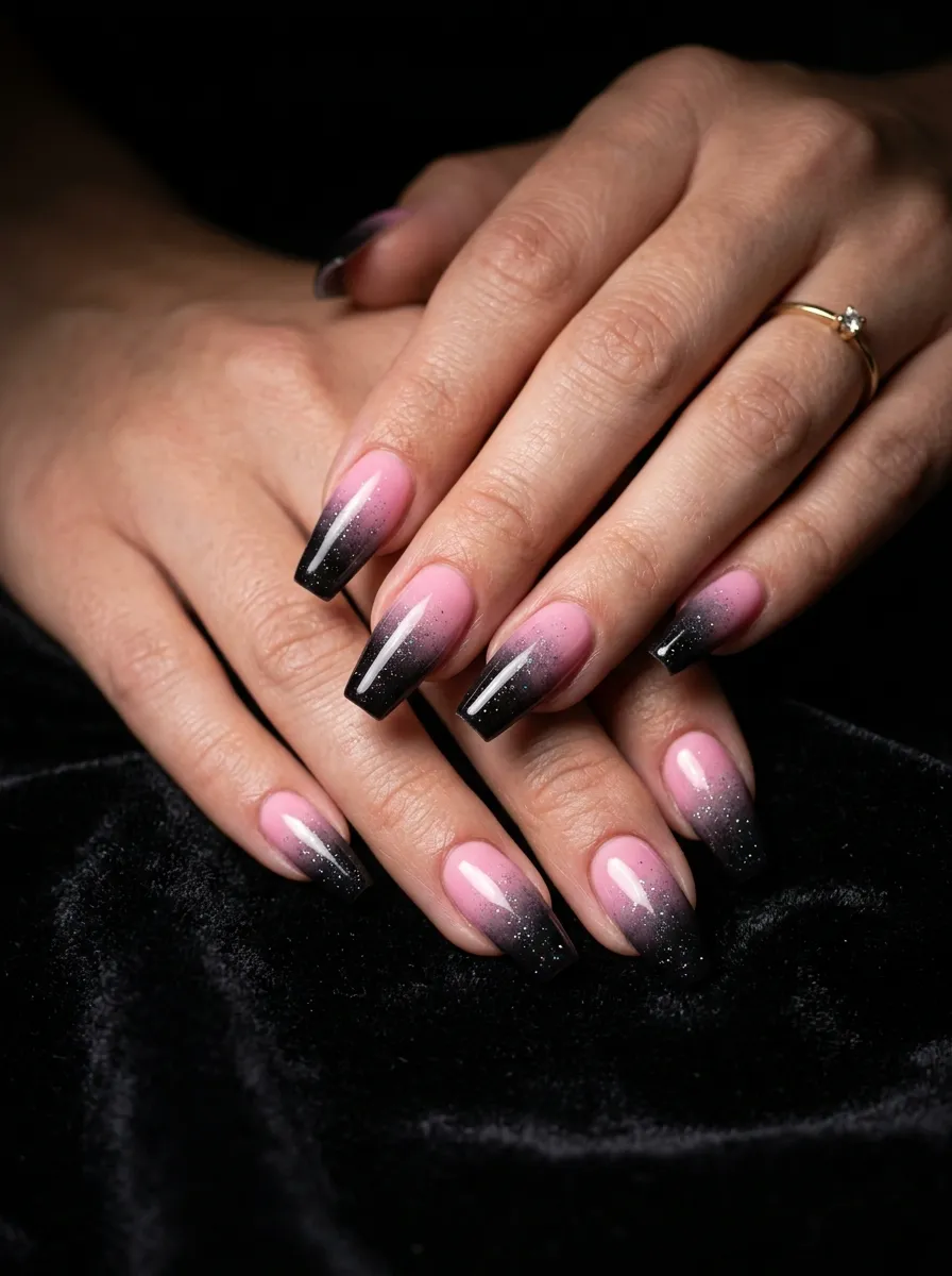 Black Tipped Pink Ombre Nails