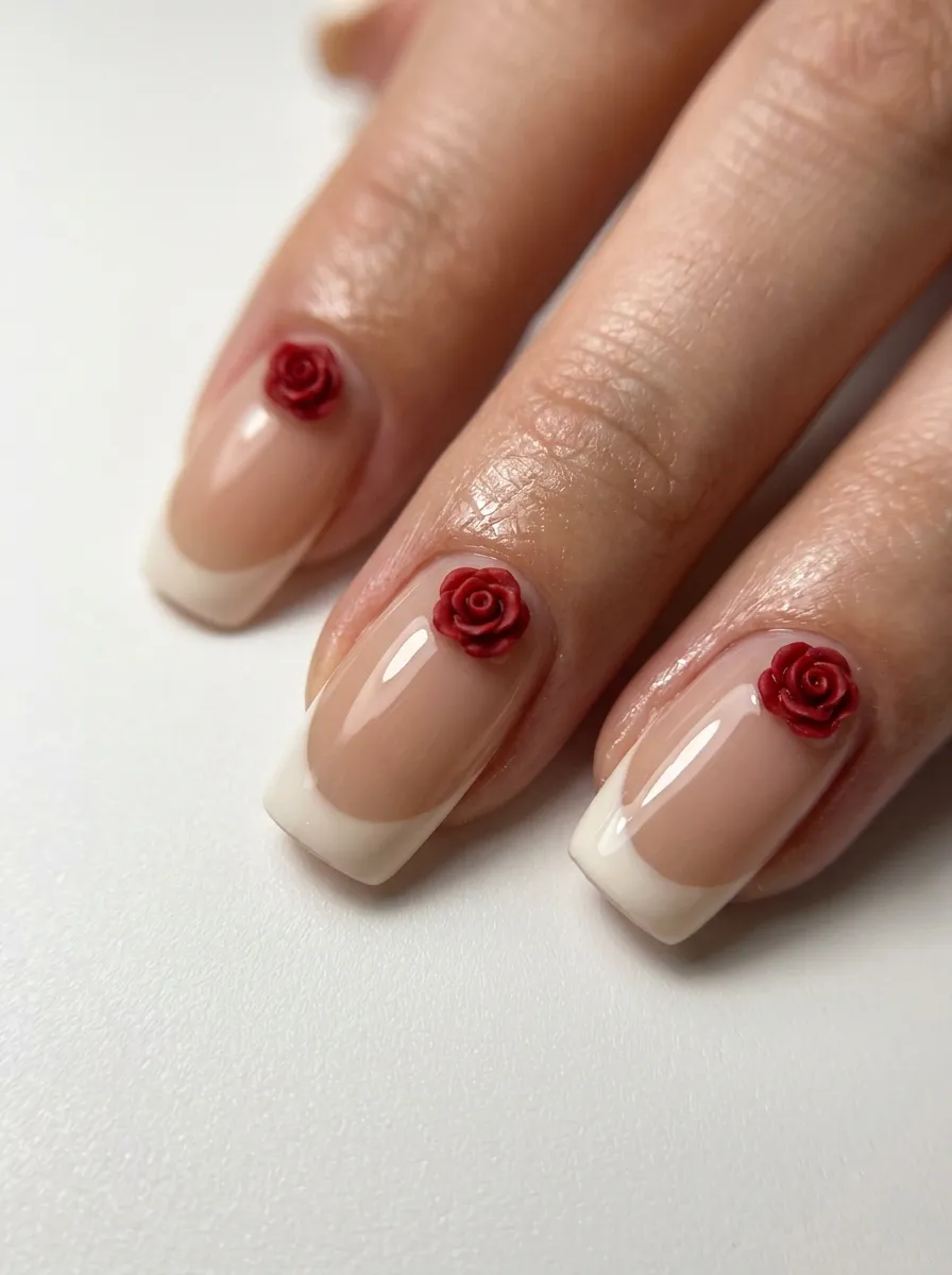 Classic Rose Gel Flowers on French Tips