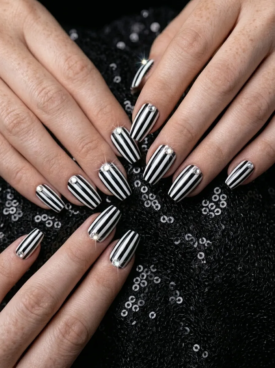 Striped Press-On Nails with Gems