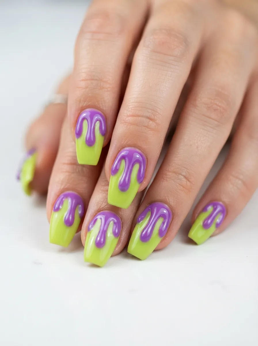 Purple Drip Nails with Green Base