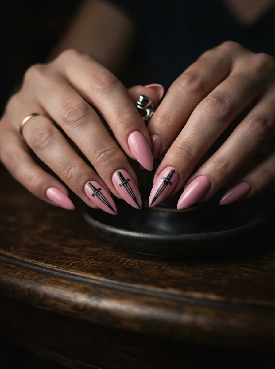 Millennial Pink Nails with Black Dagger Design