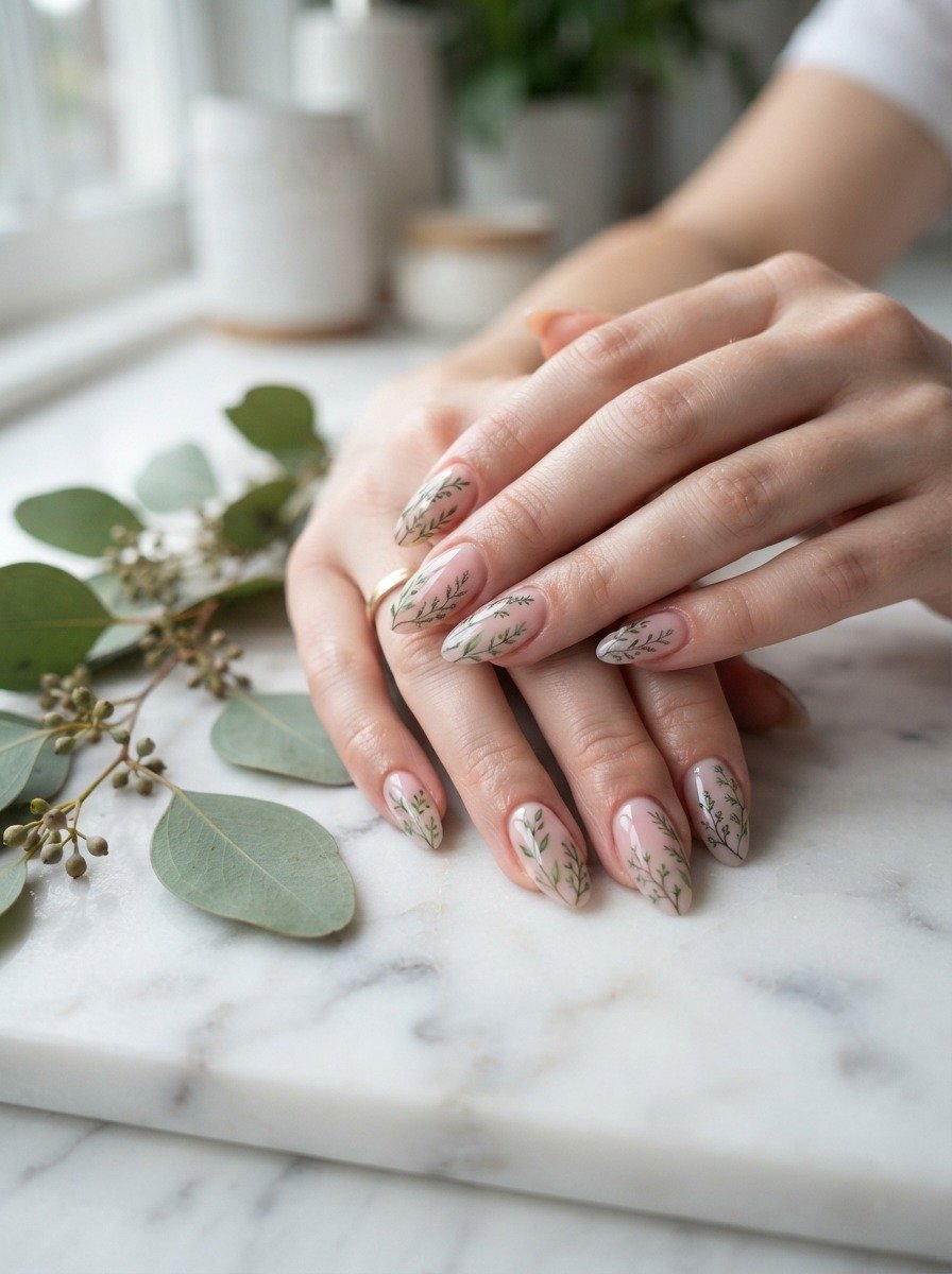 Pink Ombre Nails With Green Foliage Art