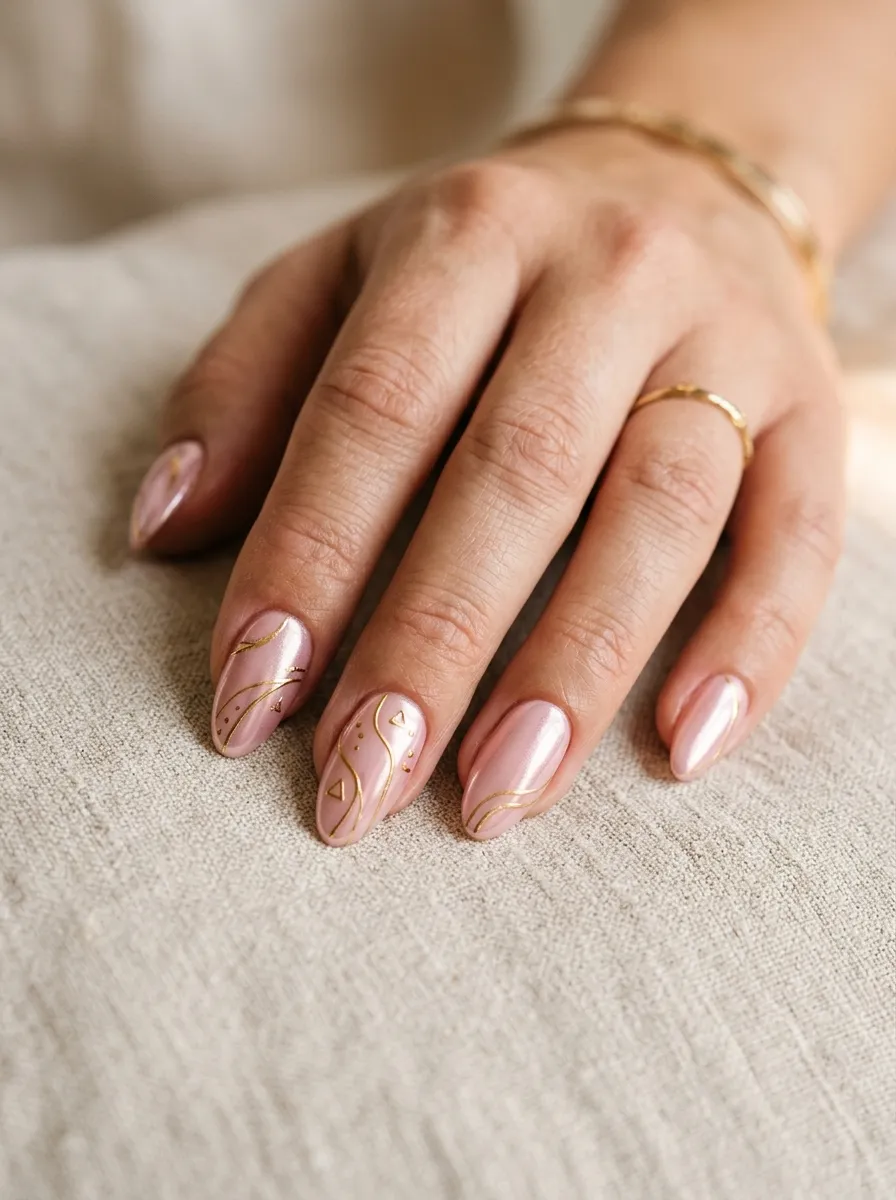 Pink Chrome Nails With Gold Line Art