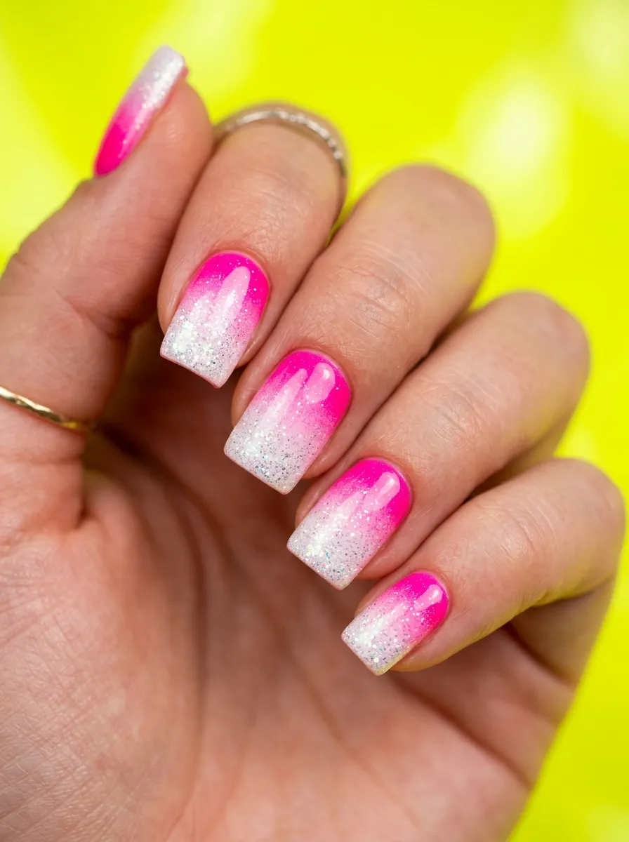 Neon Pink Ombre with White Glitter Tips
