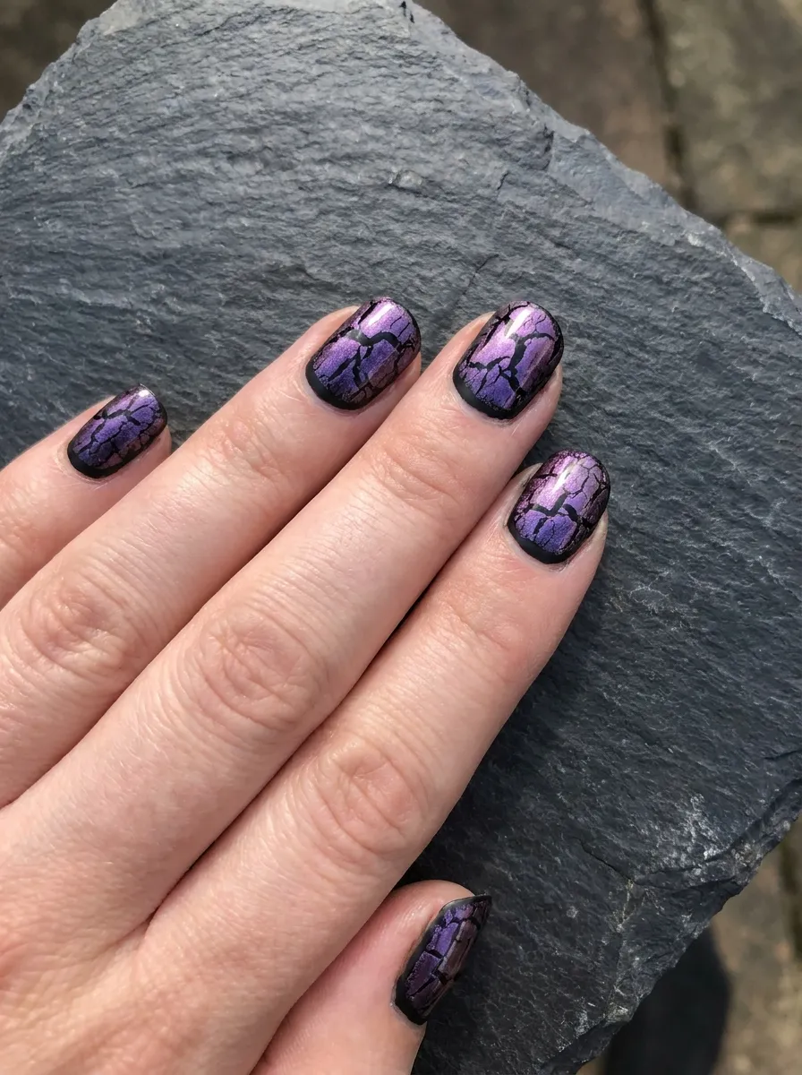 Black Nails With Purple Cracked Effect