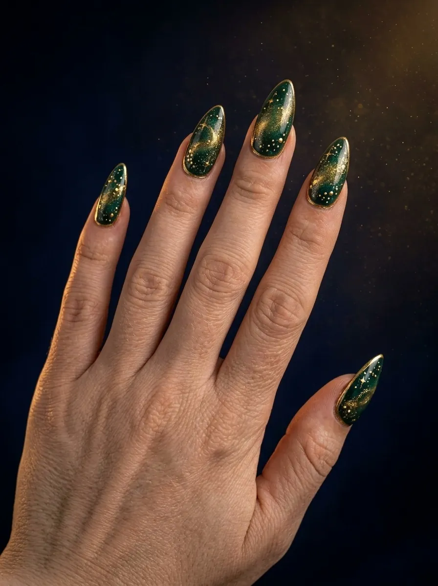 Jade and Gold Galaxy Nails
