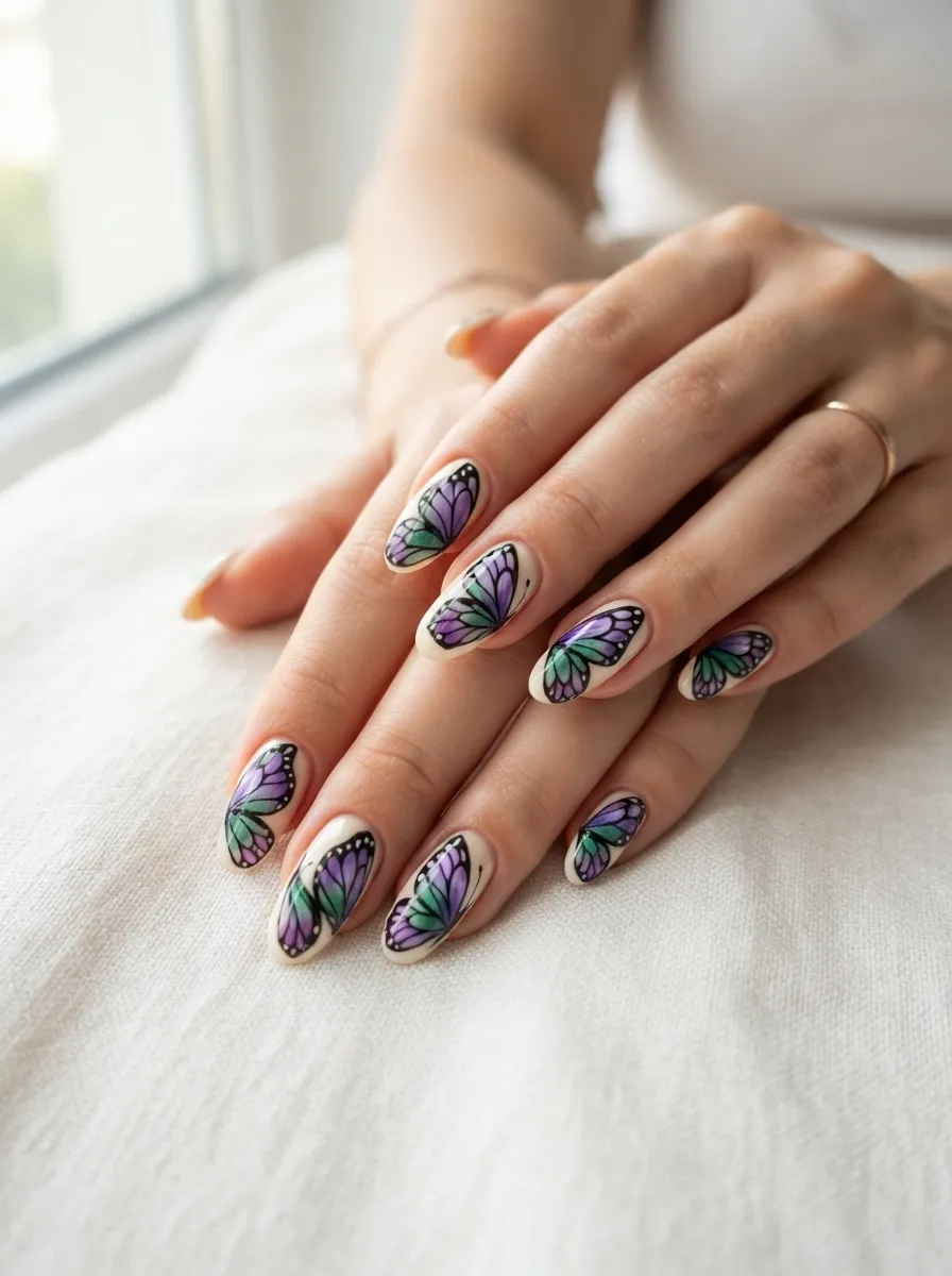 Purple and Green Butterfly Wing Nails
