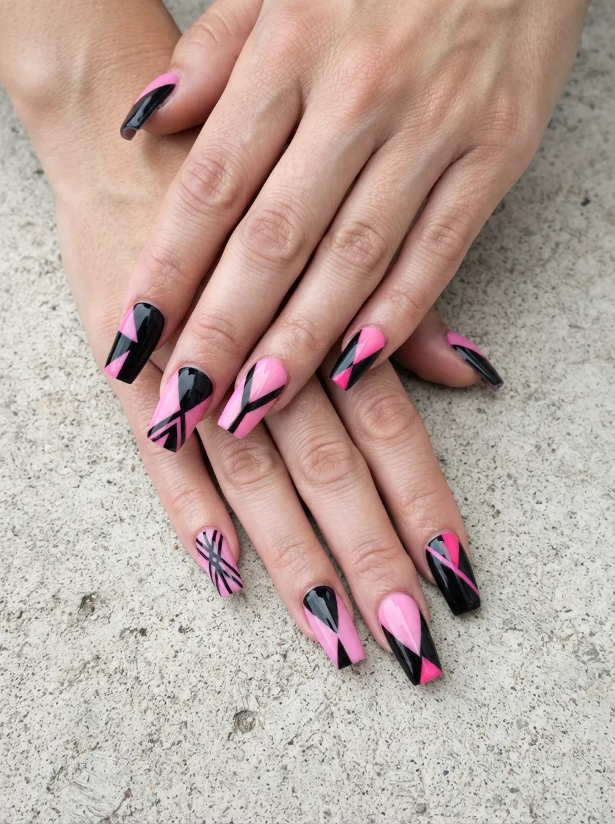 Pink and Black Geometric Nails