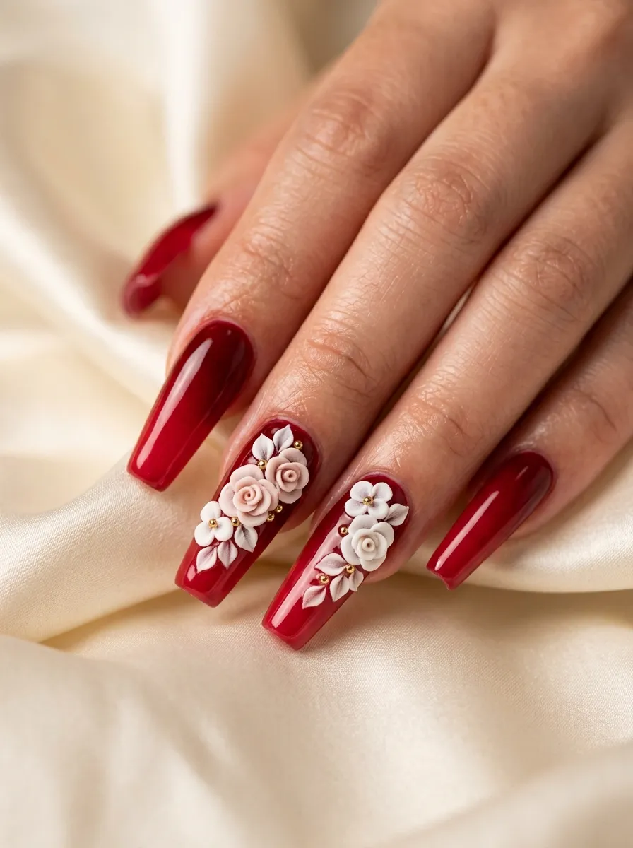 Red Ombre Nails With 3D Flowers