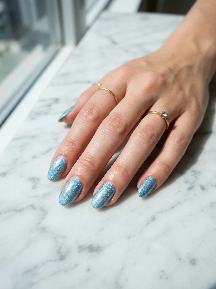 Icy Blue Holographic Nails